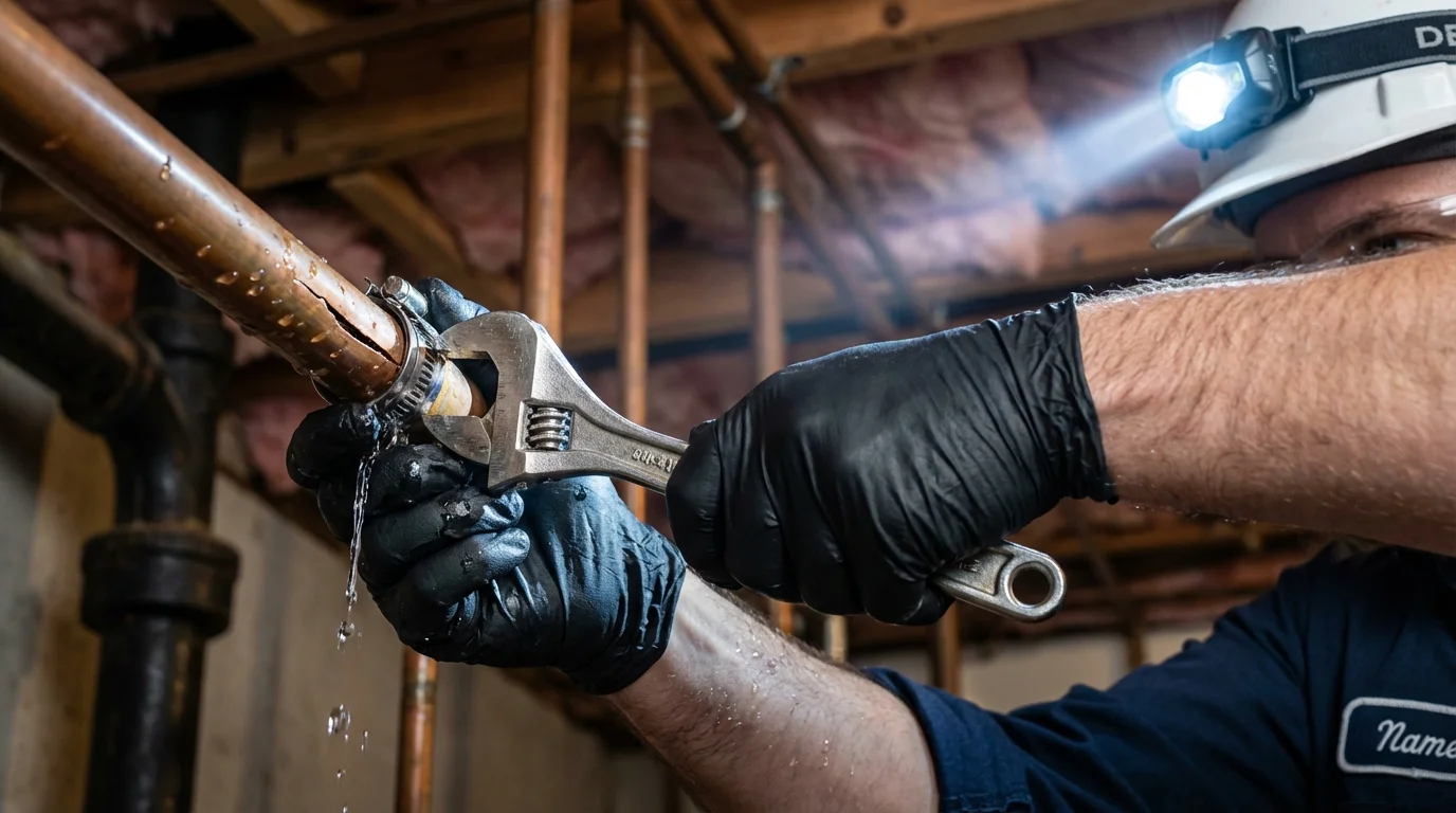 Emergency pipe clamp repair being performed by a Johns Plumbing LLC plumber in Courtland