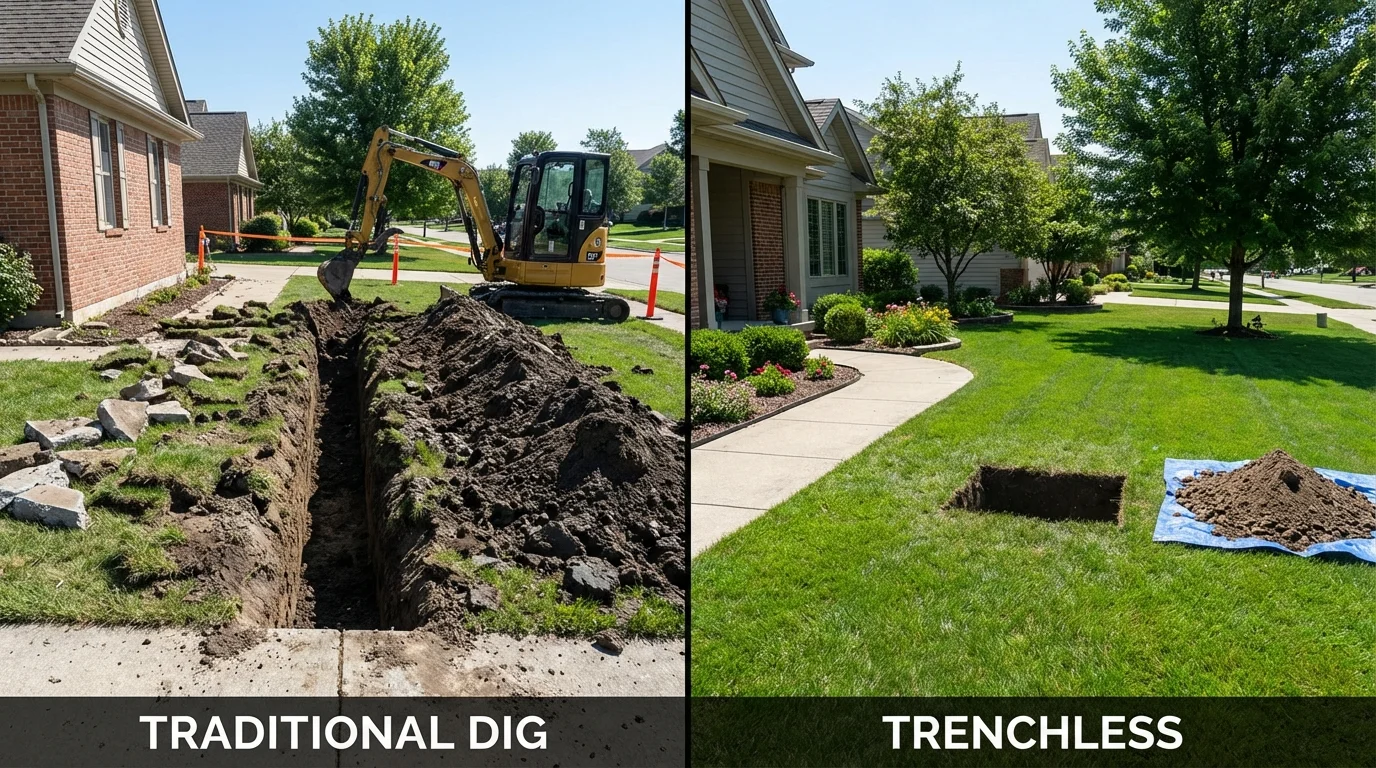 Trenchless sewer repair with minimal yard damage versus traditional excavation in Courtland, VA