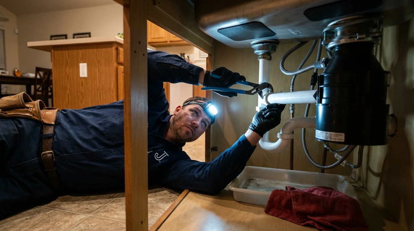 P-trap and supply line connections under a kitchen sink showing a common leak point in Courtland, VA